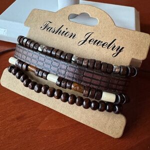Brown Stackable Bracelet  Leather Design and Wood Beads